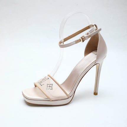LV 26S HIGH HEEL SANDALS 110 MM IN BEIGE FABRIC AND LAMBSKIN