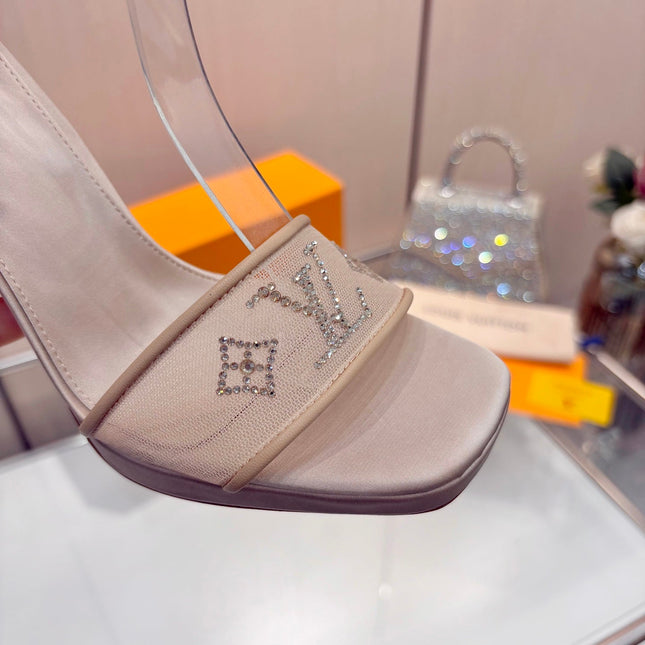 LV 26S HIGH HEEL SANDALS 110 MM IN BEIGE FABRIC AND LAMBSKIN