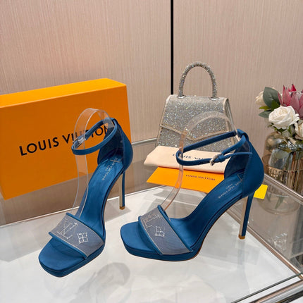 LV 26S HIGH HEEL SANDALS 110 MM IN OCEAN BLUE FABRIC AND LAMBSKIN