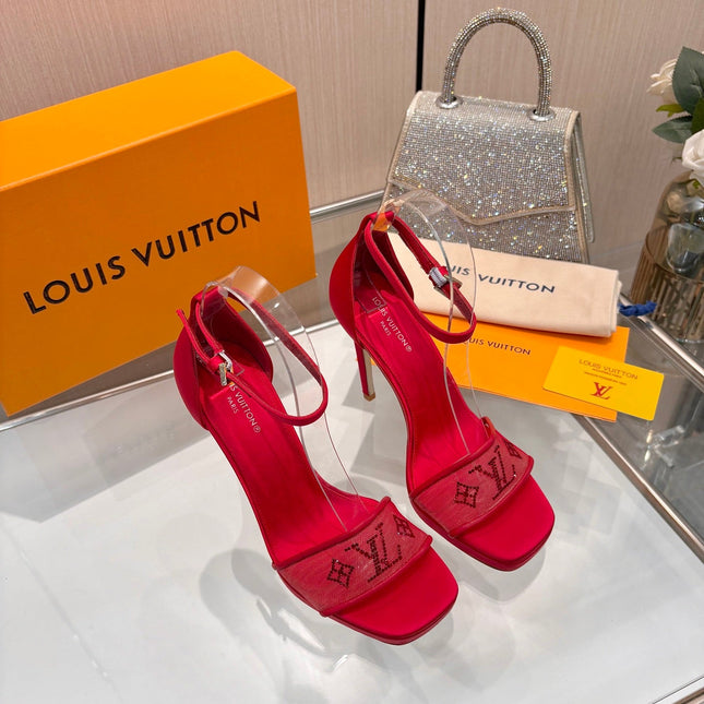LV 26S HIGH HEEL SANDALS 110 MM IN RED FABRIC AND LAMBSKIN