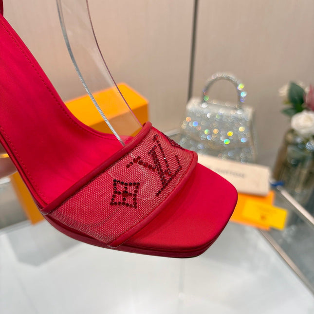 LV 26S HIGH HEEL SANDALS 110 MM IN RED FABRIC AND LAMBSKIN