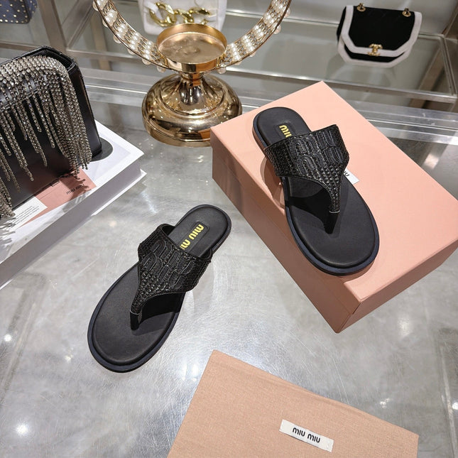 MIUMIU 26S THONG SANDALS IN BLACK RAFFIA CALFSKIN EMBOSSED LOGO