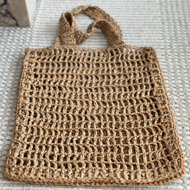 BLACK EMBROIDED LOGO TOTE BAG 40 IN BROWN WOVEN RAFFIA