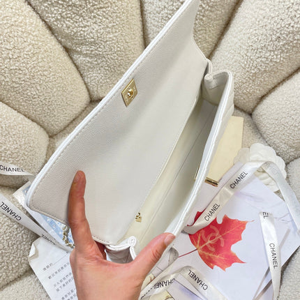 CHANEL 26S COCO HANDLE BAG 32 IN WHITE CAVIAR CALFSKIN GOLD HARDWARE