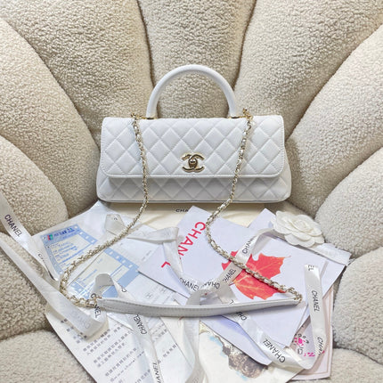 CHANEL 26S COCO HANDLE BAG 32 IN WHITE CAVIAR CALFSKIN GOLD HARDWARE