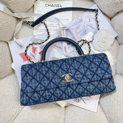 CHANEL 26S COCO HANDLE BAG 32 IN BLUE DENIM GOLD HARDWARE