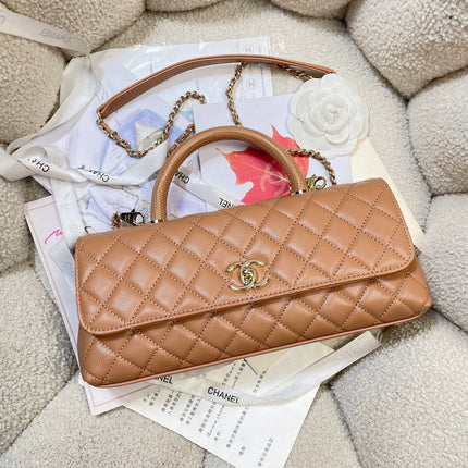 CHANEL 26S COCO HANDLE BAG 32 IN DARK BEIGE CAVIAR CALFSKIN GOLD HARDWARE