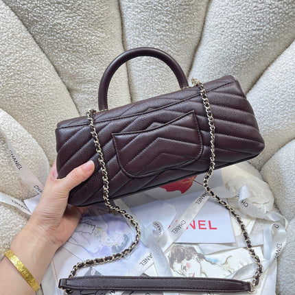 CHANEL 26S COCO HANDLE BAG 32 IN BURGUNDY RED GRAINED CALFSKIN GOLD HARDWARE