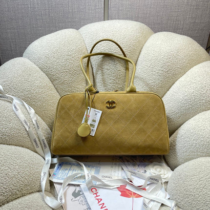 CHANEL 26S TOP HANDLE BAG MEDIUM 35 IN LIGHT BROWN QUILTED SUEDE AND CALFSKIN GOLD HARDWARE