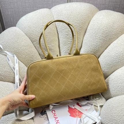 CHANEL 26S TOP HANDLE BAG MEDIUM 35 IN LIGHT BROWN QUILTED SUEDE AND CALFSKIN GOLD HARDWARE