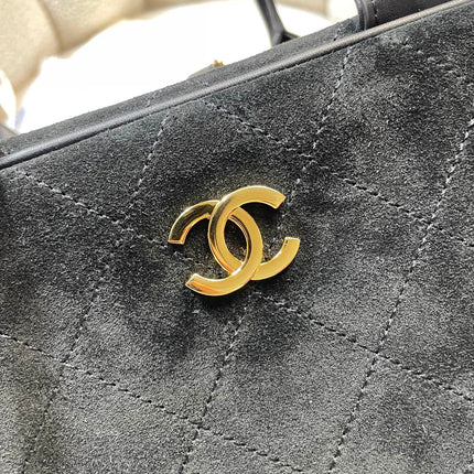 CHANEL 26S TOP HANDLE BAG MEDIUM 35 IN BLACK QUILTED SUEDE AND CALFSKIN GOLD HARDWARE