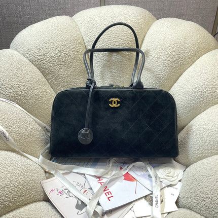 CHANEL 26S TOP HANDLE BAG MEDIUM 35 IN BLACK QUILTED SUEDE AND CALFSKIN GOLD HARDWARE