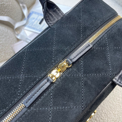 CHANEL 26S TOP HANDLE BAG MEDIUM 35 IN BLACK QUILTED SUEDE AND CALFSKIN GOLD HARDWARE