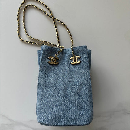 CHANEL 26S MINI BUCKET BAG 18 IN LIGHT BLUE QUILTED DENIM GOLD HARDWARE