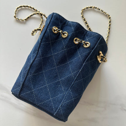 CHANEL 26S MINI BUCKET BAG 18 IN BLUE QUILTED DENIM GOLD HARDWARE