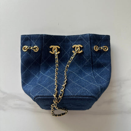 CHANEL 26S MINI BUCKET BAG 18 IN BLUE QUILTED DENIM GOLD HARDWARE