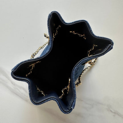 CHANEL 26S MINI BUCKET BAG 18 IN BLUE QUILTED DENIM GOLD HARDWARE