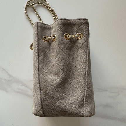 CHANEL 26S MINI BUCKET BAG 18 IN GREY QUILTED SUEDE GOLD HARDWARE