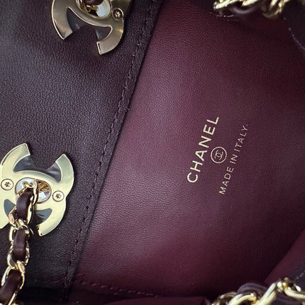 CHANEL 26S MINI BUCKET BAG 18 IN BURGUNDY RED QUILTED CALFSKIN GOLD HARDWARE