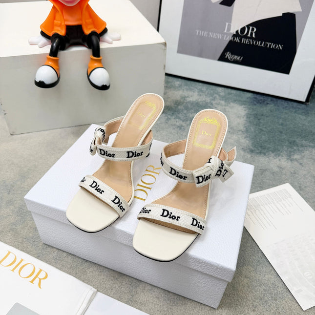 DIOR 26S HEELED SANDAL 95MM IN WHITE CALFSKIN WITH J'ADIOR STRAPS CANVAS
