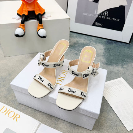 DIOR 26S HEELED SANDAL 95MM IN WHITE CALFSKIN WITH J'ADIOR STRAPS CANVAS