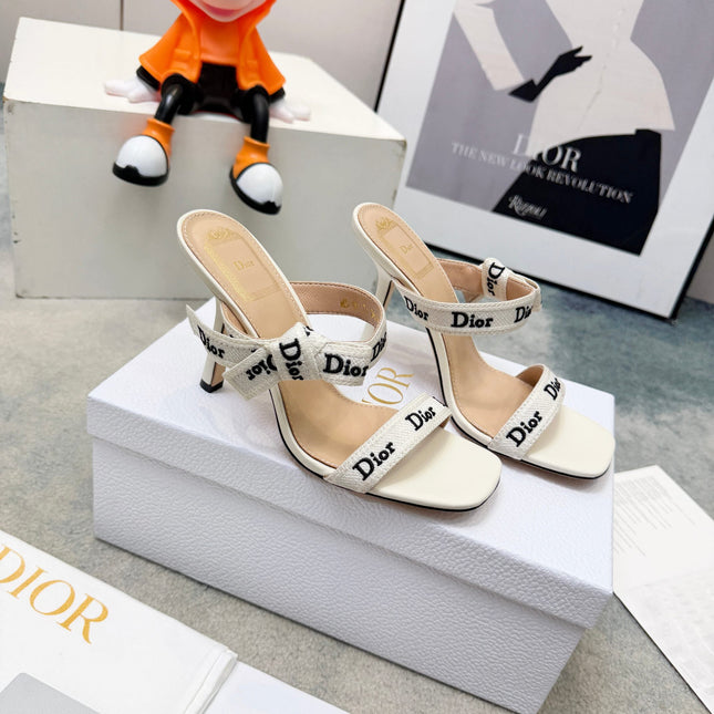 DIOR 26S HEELED SANDAL 95MM IN WHITE CALFSKIN WITH J'ADIOR STRAPS CANVAS