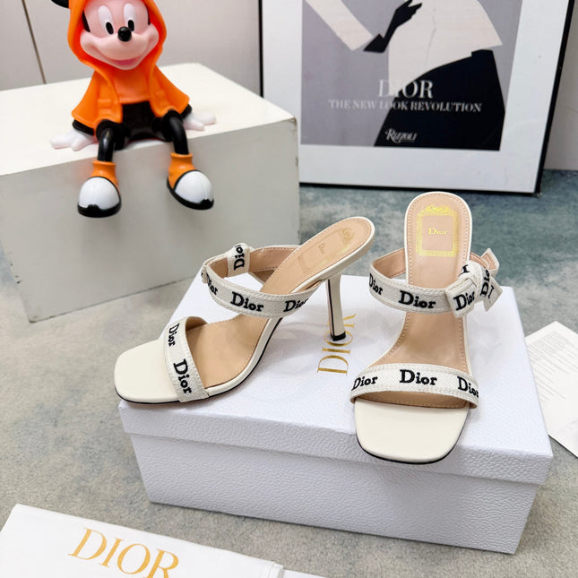 DIOR 26S HEELED SANDAL 95MM IN WHITE CALFSKIN WITH J'ADIOR STRAPS CANVAS