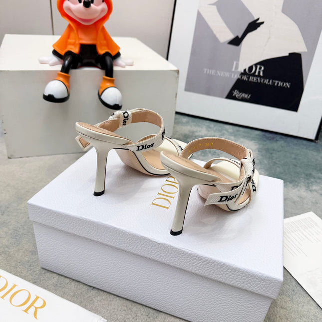 DIOR 26S HEELED SANDAL 95MM IN WHITE CALFSKIN WITH J'ADIOR STRAPS CANVAS