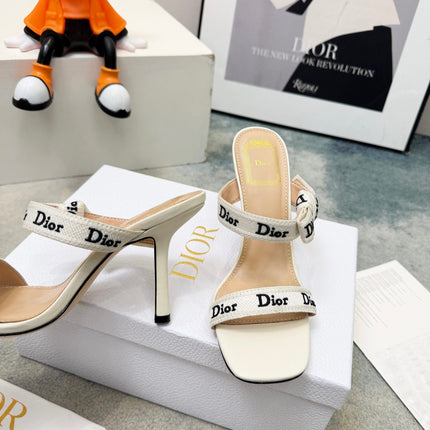 DIOR 26S HEELED SANDAL 95MM IN WHITE CALFSKIN WITH J'ADIOR STRAPS CANVAS