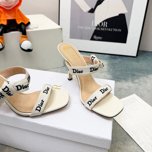 DIOR 26S HEELED SANDAL 95MM IN WHITE CALFSKIN WITH J'ADIOR STRAPS CANVAS