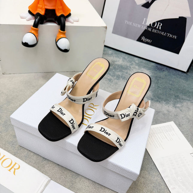 DIOR 26S HEELED SANDAL 95MM IN BLACK AND WHITE WITH J'ADIOR STRAPS CANVAS