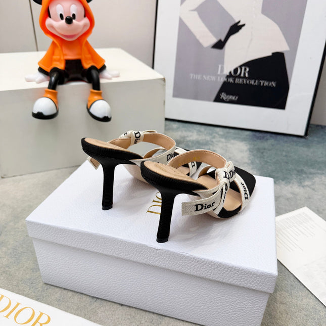 DIOR 26S HEELED SANDAL 95MM IN BLACK AND WHITE WITH J'ADIOR STRAPS CANVAS
