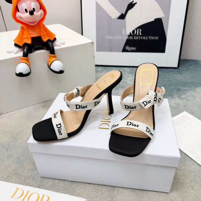 DIOR 26S HEELED SANDAL 95MM IN BLACK AND WHITE WITH J'ADIOR STRAPS CANVAS