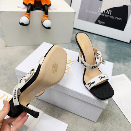 DIOR 26S HEELED SANDAL 95MM IN BLACK AND WHITE WITH J'ADIOR STRAPS CANVAS
