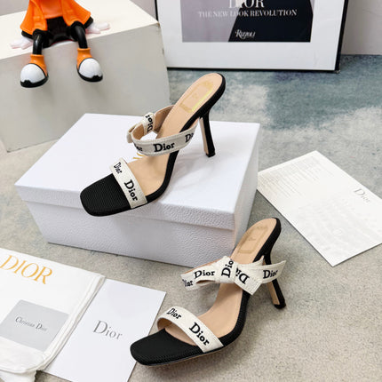 DIOR 26S HEELED SANDAL 95MM IN BLACK AND WHITE WITH J'ADIOR STRAPS CANVAS