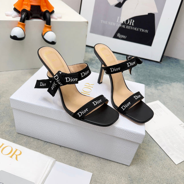 DIOR 26S HEELED SANDAL 95MM IN BLACK CALFSKIN WITH J'ADIOR STRAPS CANVAS