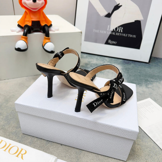 DIOR 26S HEELED SANDAL 95MM IN BLACK CALFSKIN WITH J'ADIOR STRAPS CANVAS