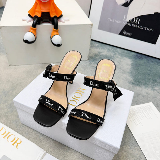 DIOR 26S HEELED SANDAL 95MM IN BLACK CALFSKIN WITH J'ADIOR STRAPS CANVAS
