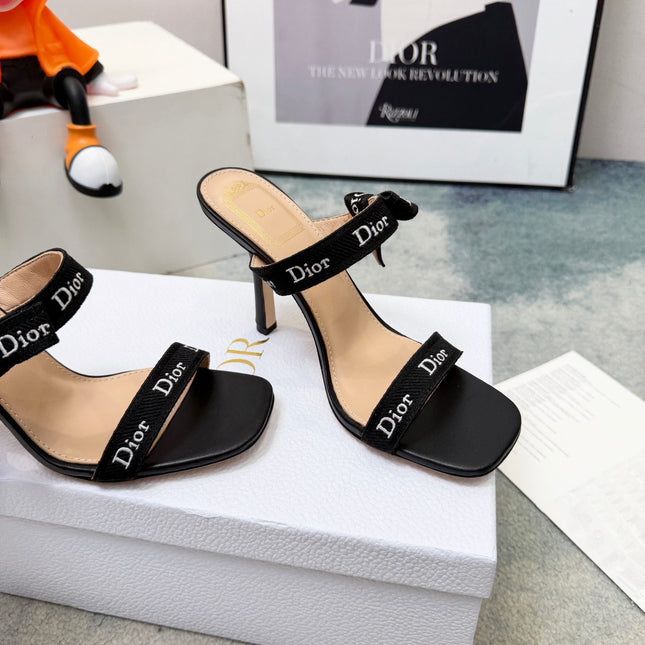 DIOR 26S HEELED SANDAL 95MM IN BLACK CALFSKIN WITH J'ADIOR STRAPS CANVAS