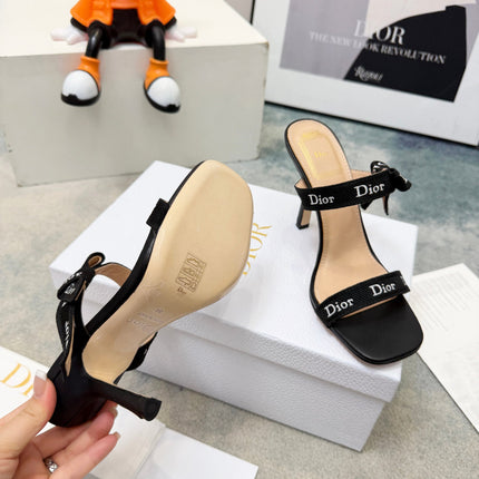 DIOR 26S HEELED SANDAL 95MM IN BLACK CALFSKIN WITH J'ADIOR STRAPS CANVAS