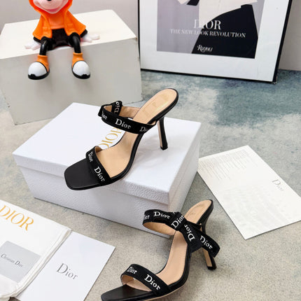 DIOR 26S HEELED SANDAL 95MM IN BLACK CALFSKIN WITH J'ADIOR STRAPS CANVAS
