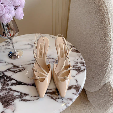 Slingback Ivory Color Leather With Stylized Cross Straps - High heels