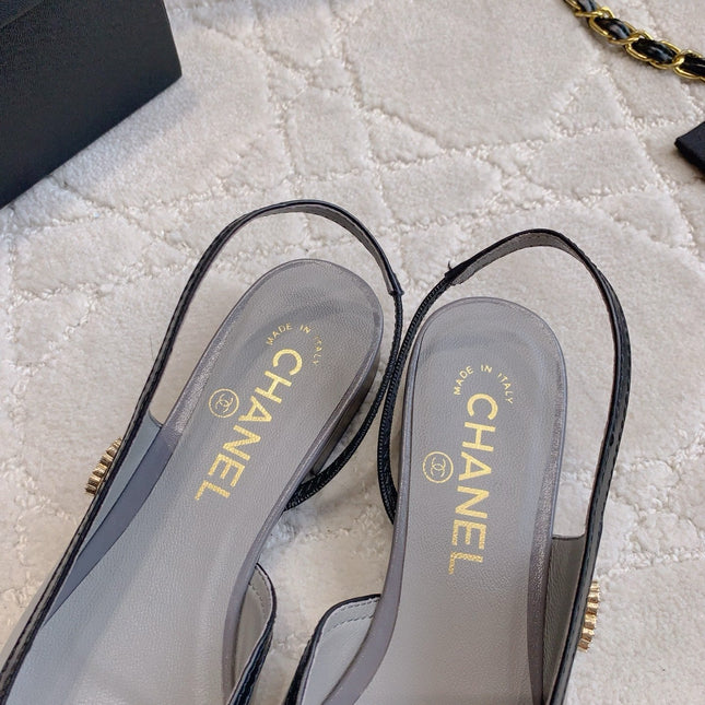 CHANEL 25S SLINGBACK IN BLACK AND TAUPE GRAY CALFSKIN GOLD HARDWARE