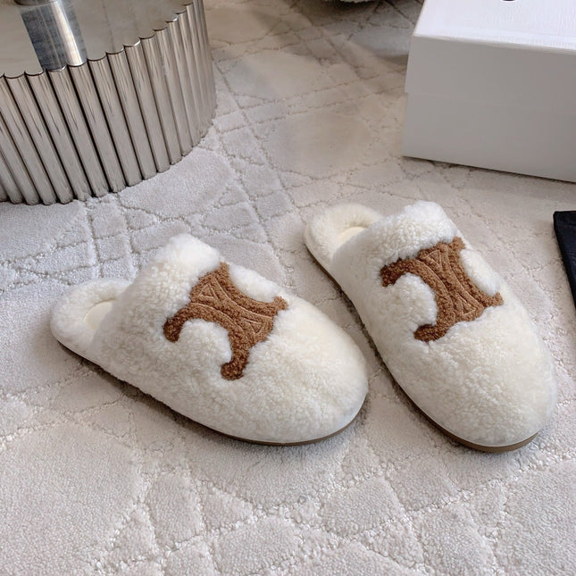 CELINE 26S MULES WITH LOGO IN WHITE AND BROWN WOOL