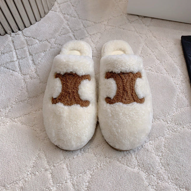 CELINE 26S MULES WITH LOGO IN WHITE AND BROWN WOOL