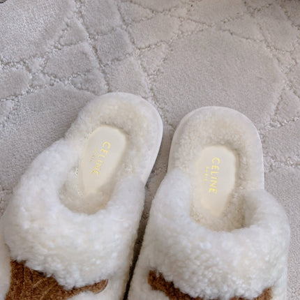 CELINE 26S MULES WITH LOGO IN WHITE AND BROWN WOOL