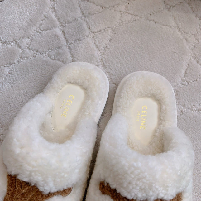 CELINE 26S MULES WITH LOGO IN WHITE AND BROWN WOOL