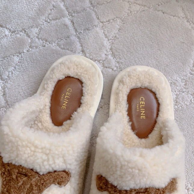 CELINE 26S MULES WITH LOGO IN LIGHT BEIGE AND BROWN WOOL