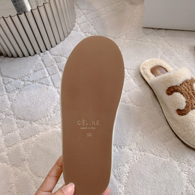 CELINE 26S MULES WITH LOGO IN LIGHT BEIGE AND BROWN WOOL