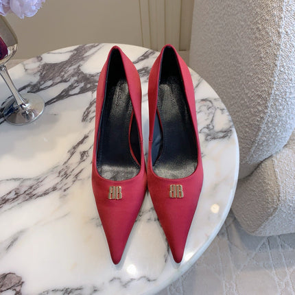 BALENCIAGA 25S POINTED-TOE HIGH HEELS 70 MM IN RED SATIN WITH GOLD HARDWARE